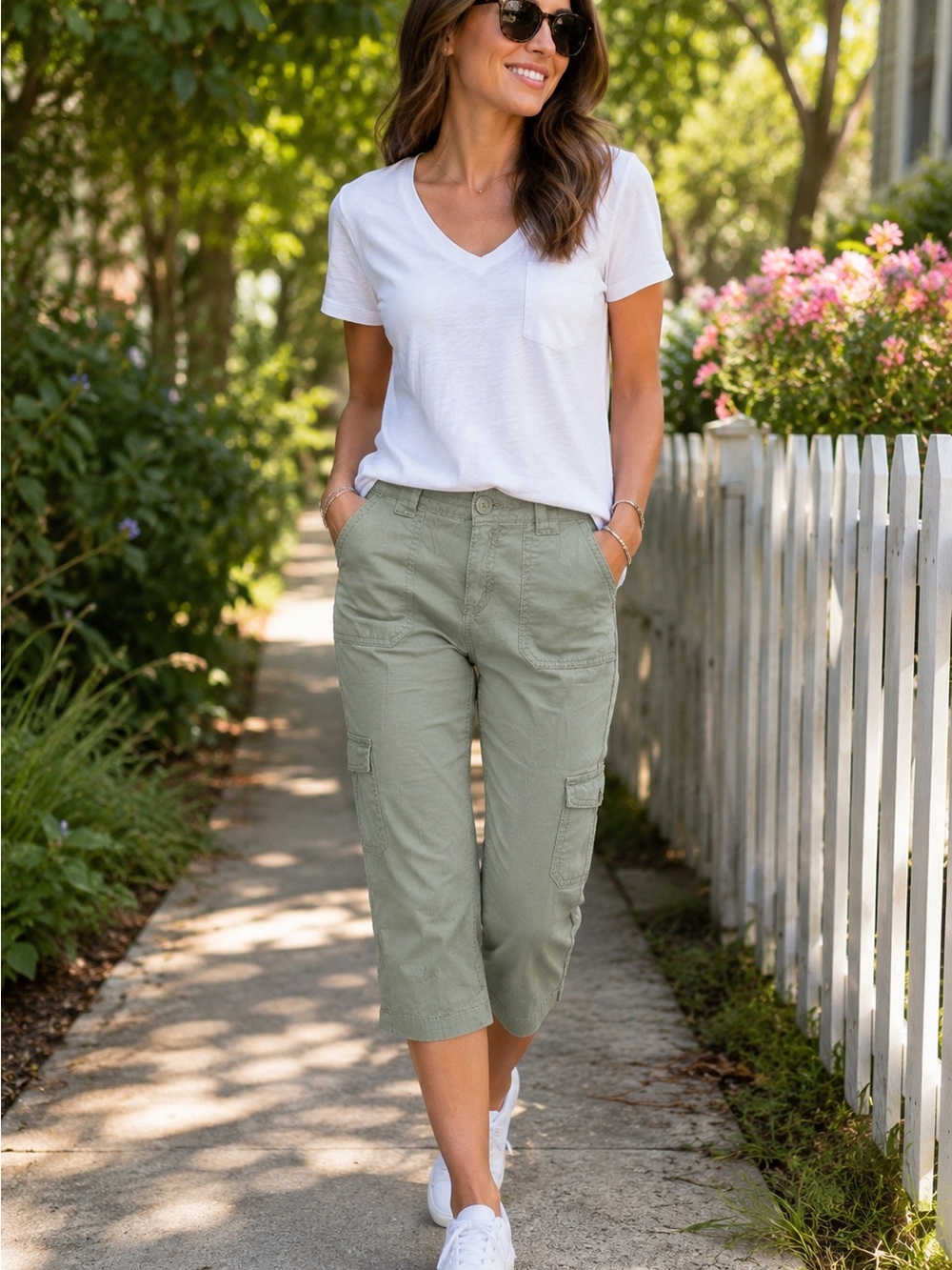 IZOD Petite Sage Green Cargo Capri Pants Size 4 Cotton Casual Utility